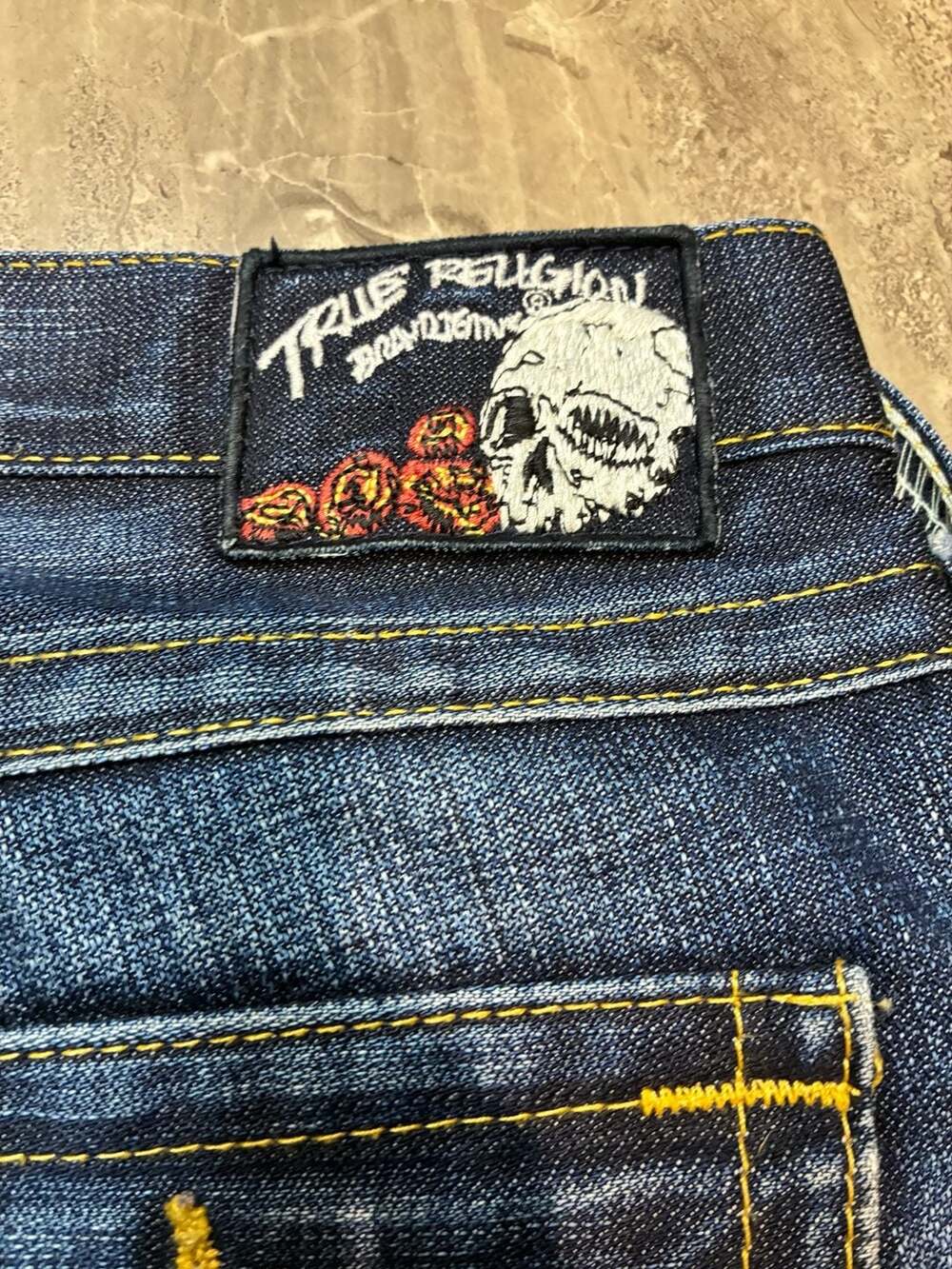 True Religion Skull Back Patch Dark Wash Denim Jeans